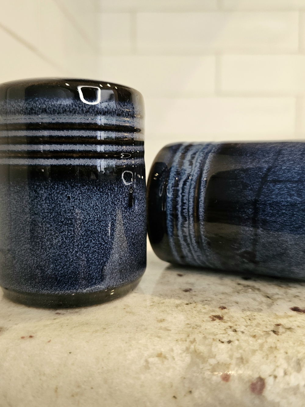 Set Of Dark Blue Glazed Ceramic Salt And Pepper THL Blue Drip Glaze Farmhouse